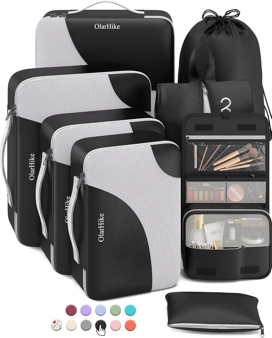 OlarHike 8 Set Packing Cubes for Travel, 4 Various Sizes(Extra Large,Large,Medium,Small), Luggage Organizer Bags for Travel Accessories Essentials, Cubes for Carry on Suitcases (Black) (8 set (Short-Term Trip))