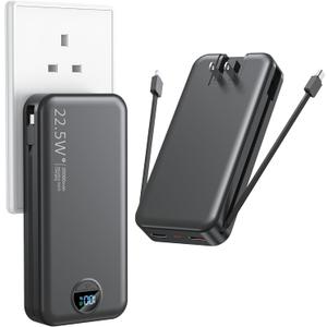 Portable Charger with Wall Plug, 20000mAh USB C Power Bank Fast Charging, External Battery Pack with Built in Cables, Digital Display, 5 Output 2 Input for iPhone Android Cell Phone Tablet