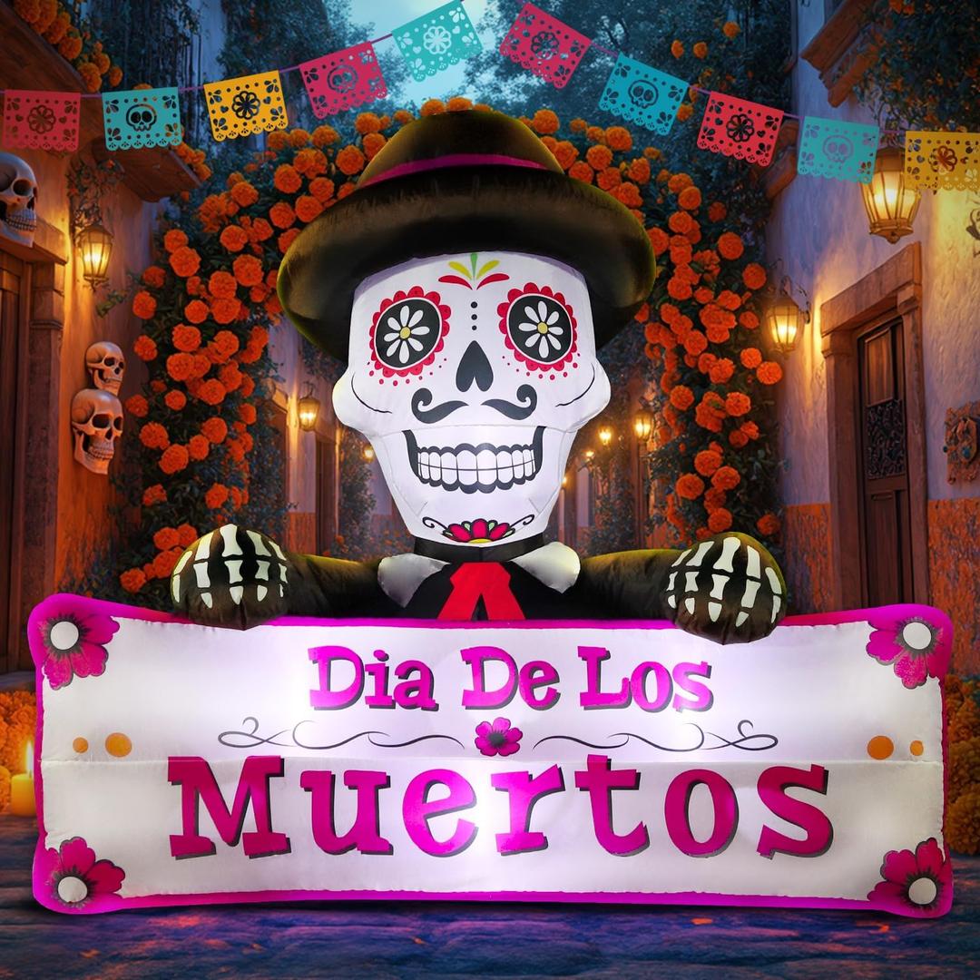 DomKom 6FT Halloween Inflatable Blow Up Decorations, Dia de Los Muertos Day of Dead Banner, Build-in LED Lights Holiday Blow Up Yard Decoration for Halloween Party Outdoor Garden Yard Lawn Decor