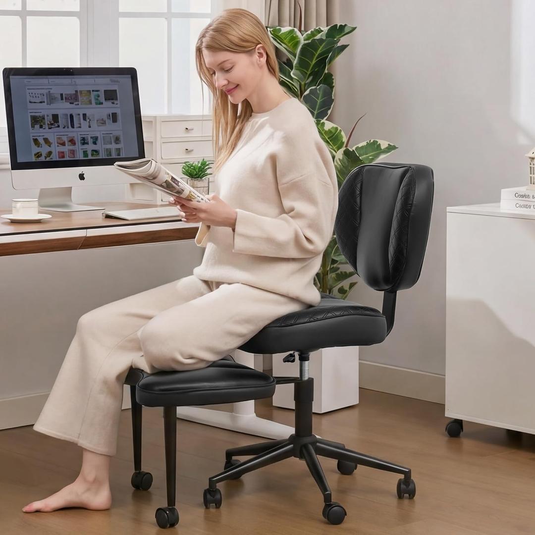 Criss Cross Office Chair with Wheels, Adjustable-Height Backrest & Swivel Footrest, Ergonomic Cross Legged Office Chair with Leg Rest for Kneeling Meditation Yoga ADHD (Black Leather)