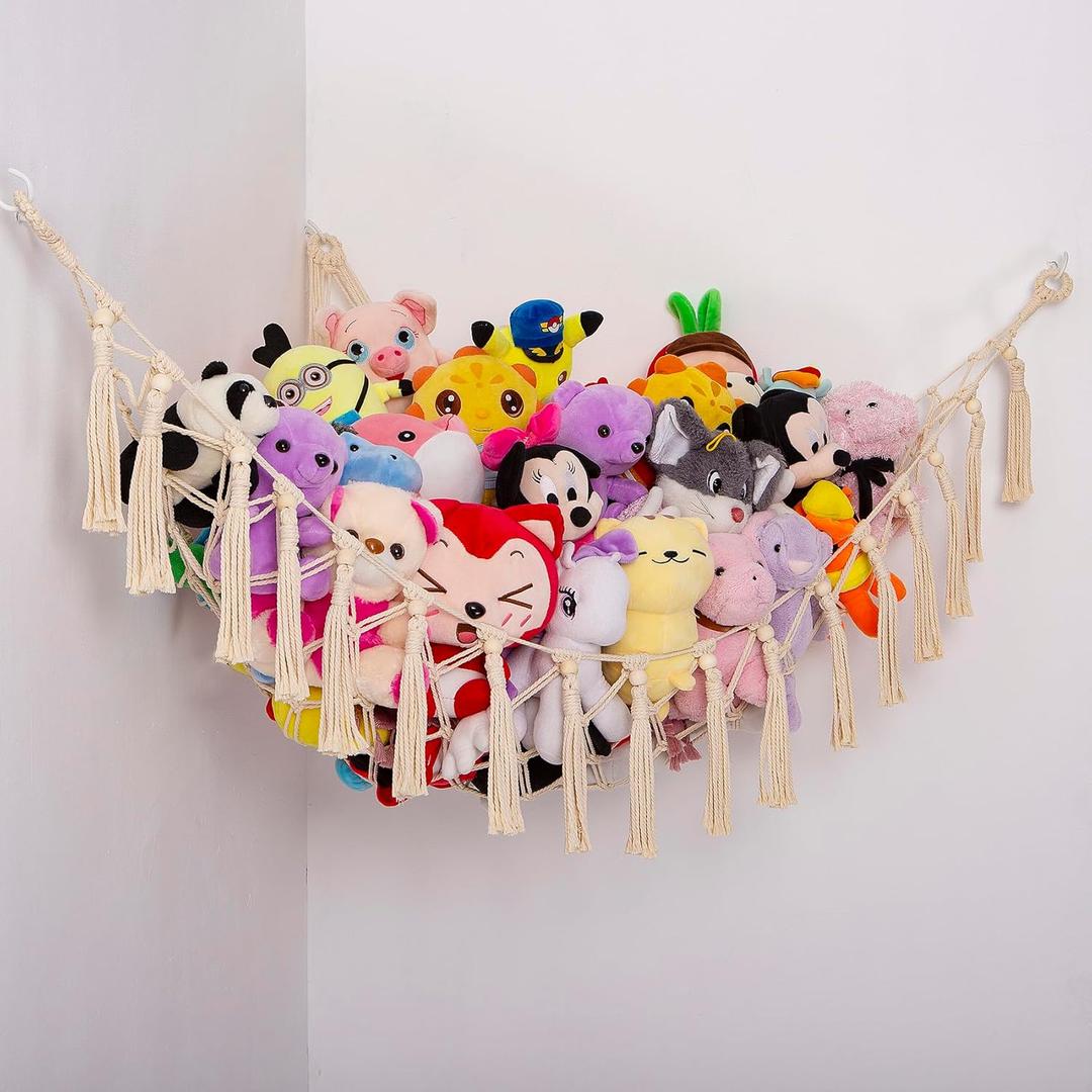 Stuffed Animals Hammock Corner Hanging Net with Wooden Beads Macrame Stuffed Animal Storage Ideas Plush Holder Toy Organizer for Boho Nursery Playroom Bedroom Kids Room Decor (cream, X-Large)