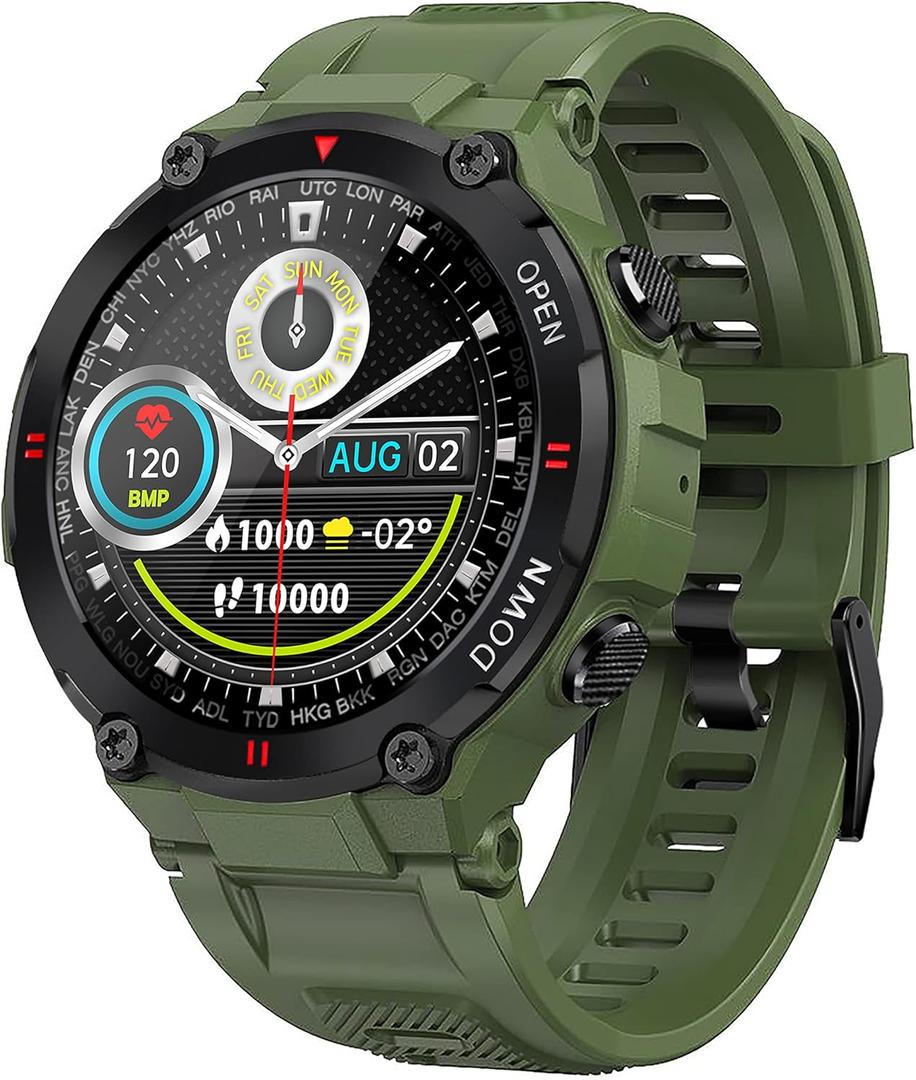 1.28" IPS Tactical Smart Watch for Men Activity Fitness Tracker with 400mAH Large Battery Outdoor Bluetooth Call Heart Rate Sleep Monitor Pedometer IP68 Waterproof Sport Watch for Android iOS (k22-Army Green)