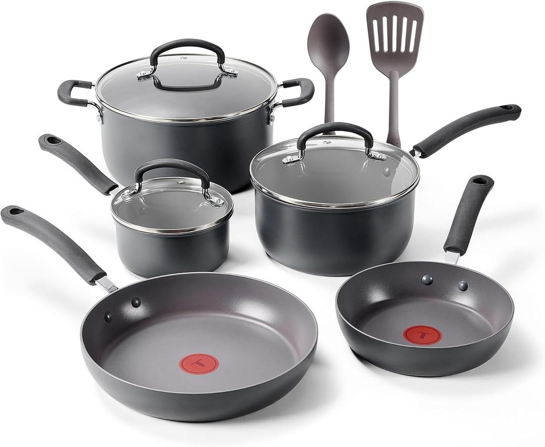 T-Fal Ultimate Hard Anodized Nonstick 10 Piece Cookware Set, Oven Safe Up to 400°F, Dishwasher Safe, Pots and Pans Set, Includes Frying Pans, Saucepan, Stockpot, Cooking Utensils, Stone