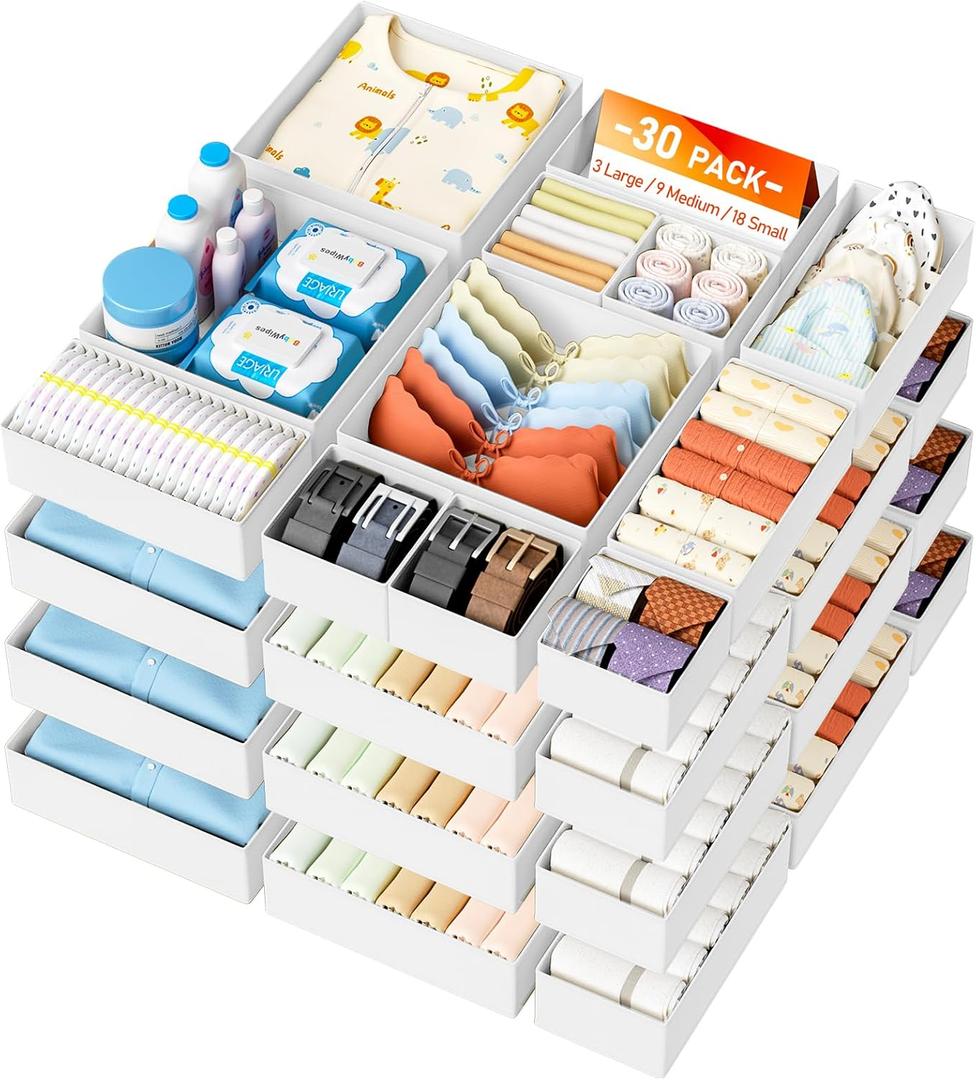 DIMJ Drawer Organizer Clothes- 30 Pack Baby Dresser Organizer for Nursery, Small Fabric Closet Drawer Organizer Bins for Underwears Socks, Foldable Storage Dividers Organization for Bedroom