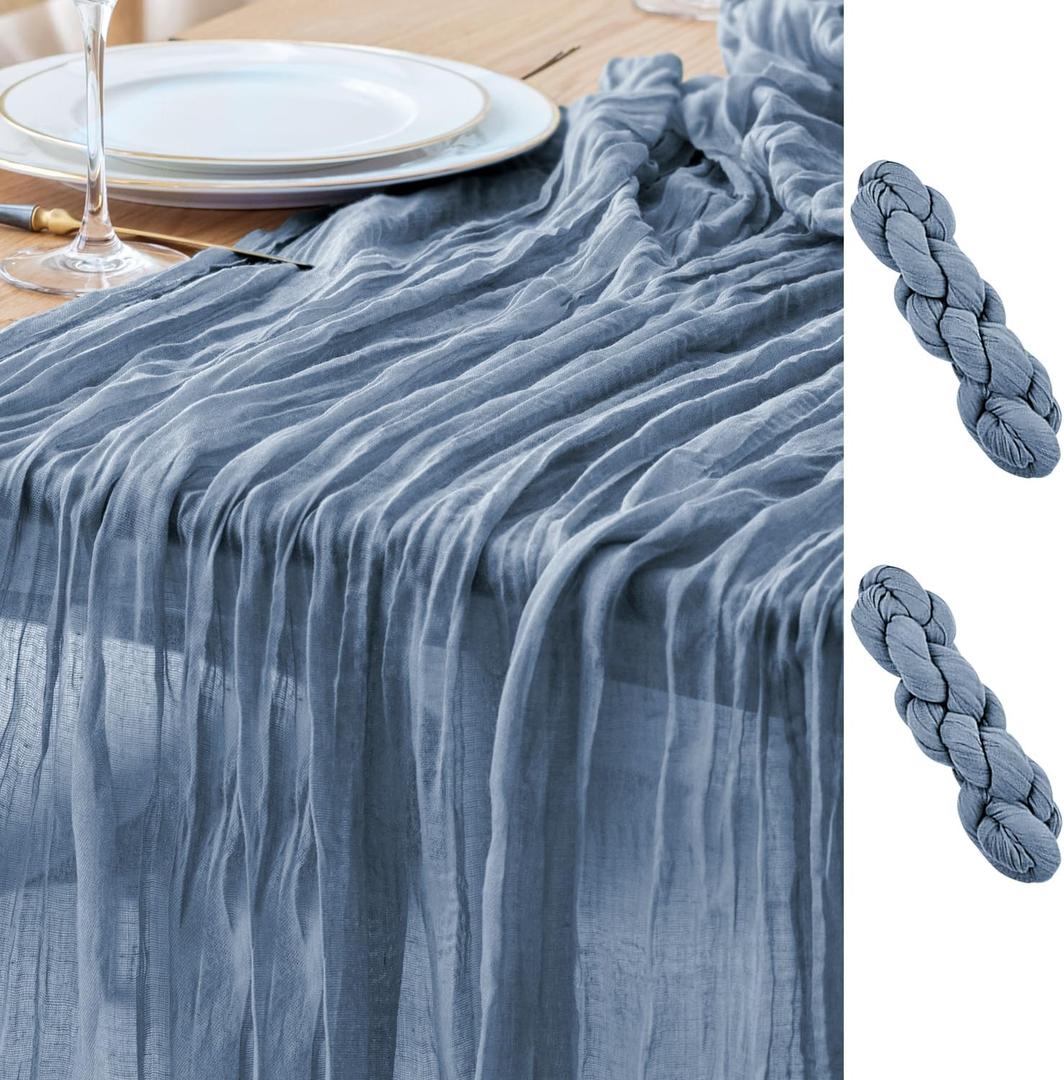 Asee'm 2pcs Cheesecloth Table Runner 120 Inches Dusty Blue Boho Gauze Cheese Cloth Runner 10FT Rustic Sheer Table Runners for Centerpiece Wedding Baby Shower Spring Easter Decoration