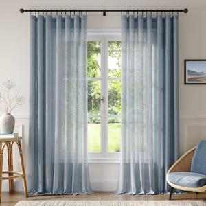Anmao Natural Linen Curtains for Living Room 96 Inch Length 2 Panels Set, Light Filtering Semi Sheer Window Curtain Drapes for Bedroom with Curtain Rings and Clips, 52 Inch Wide Each Panel, Haze Blue