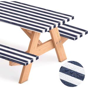 3 Pcs 6 ft Picnic Table Cover with Bench Covers, Fits for Tables 72" x 30" Rectangle, Waterproof Stripe Tablecloth with Elastic for Outdoor Camping Patio(Navy Blue and White)