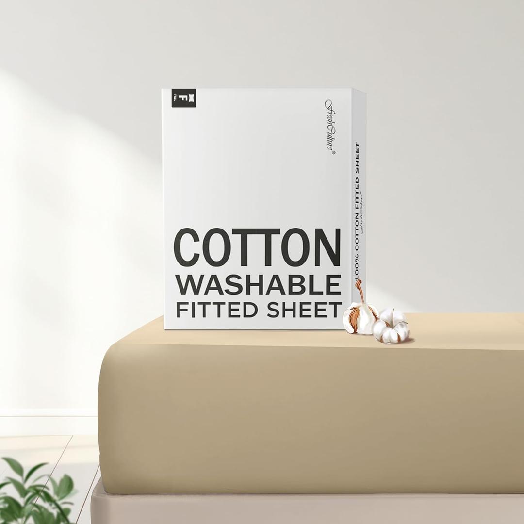 FreshCulture Pure Cotton Fitted Sheets Full Size, 300 Thread Count Percale Sheets for Full Size Bed, Soft & Breathable Cotton Sheets, Luxury Full Size Fitted Sheets Only (Beige)