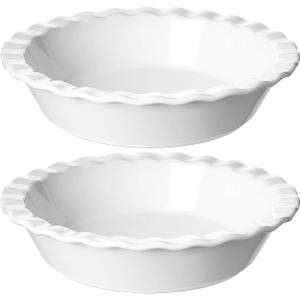 LE TAUCI Ceramic Pie Pans Plate for Baking, 9 inch Deep Dish Baking Dish, 52 ounce Bakeware for Apple Pecan Pie, Set of 2, White