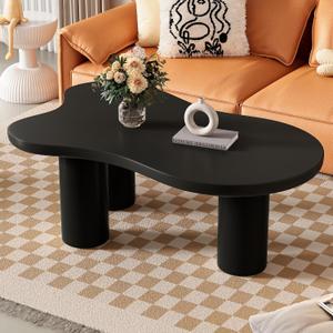 Merax 44" Cloud-Shaped Wooden Coffee Table Cream Style CenterTable with 3 Thick Legs,Minimalist Irregular EndTable (Black)
