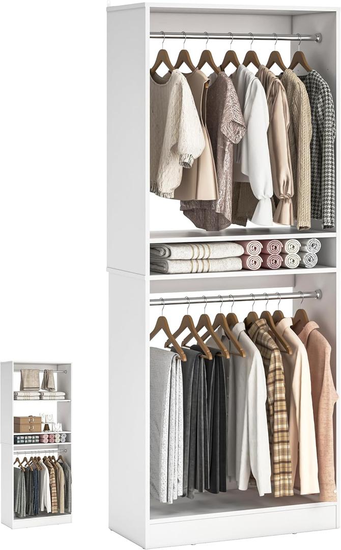 Unikito Freestanding Closet System, 25 Closet Organizer Wardrobe with Hanging Rods & Shelve, Adjustable Clothes Garment Rack, Sturdy Walk in Closet Tower, Easy Assembly, 25" W x 16" D x 80" H, White