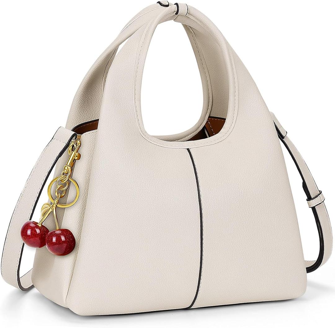 Women's Top Handle Handbag Small Satchel Bags Trendy Hobo Purse Crossbody Bag Faux Leather Shoulder Bag Satchel Purse (Beige With Cherry)