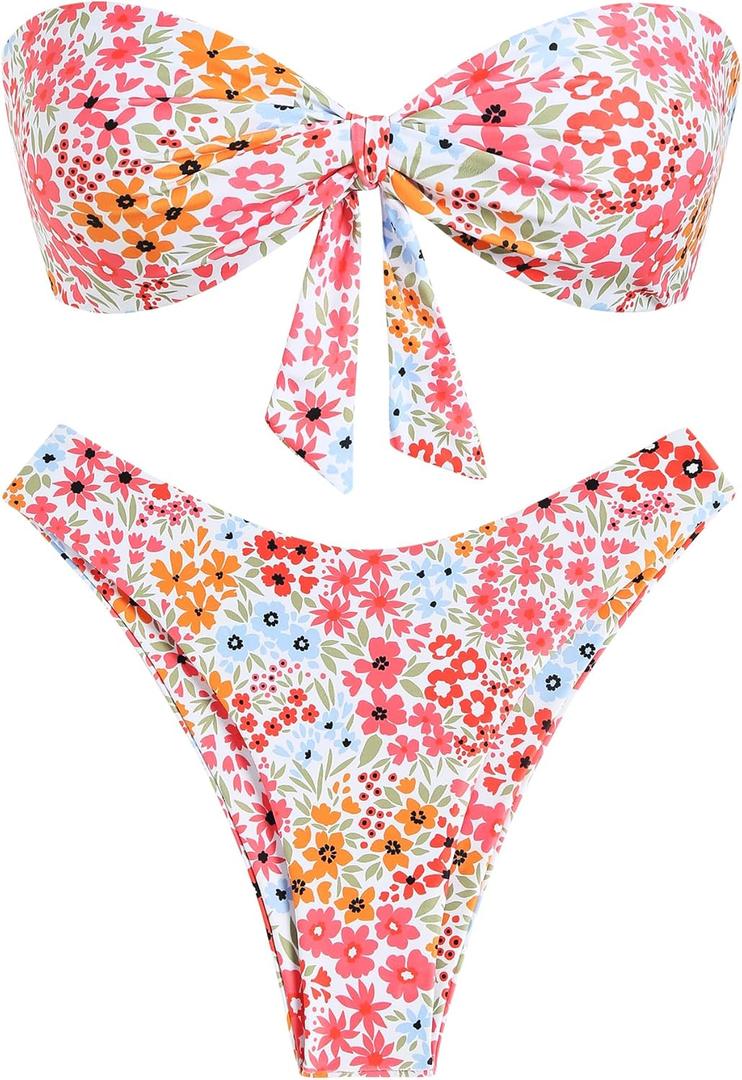 ZAFUL Knotted Bandeau Bikini for Women Strapless Swimsuits High Cut Bathing Suit Sexy Cheeky Tie Side Swimwear (Medium, 0-little Flower)
