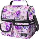 opux Lunch Bag Women Insulated, Adult Lunch Box Cooler, Flower Lunch Box, Dual Compartment Lunchbox for Work, Leakproof Double Decker Lunch Bag, Soft Lunch Pail Tote Girls Kids School, Floral Purple