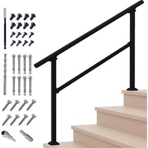 Metty Metal Handrails for Outdoor Steps Suitable for 1 to 5 Steps- Wrought Iron Stair Railing- Step Steady with 5 Feet Handrailing- Safe Indoor Home Banisters (5 Step) (Black-Straight)