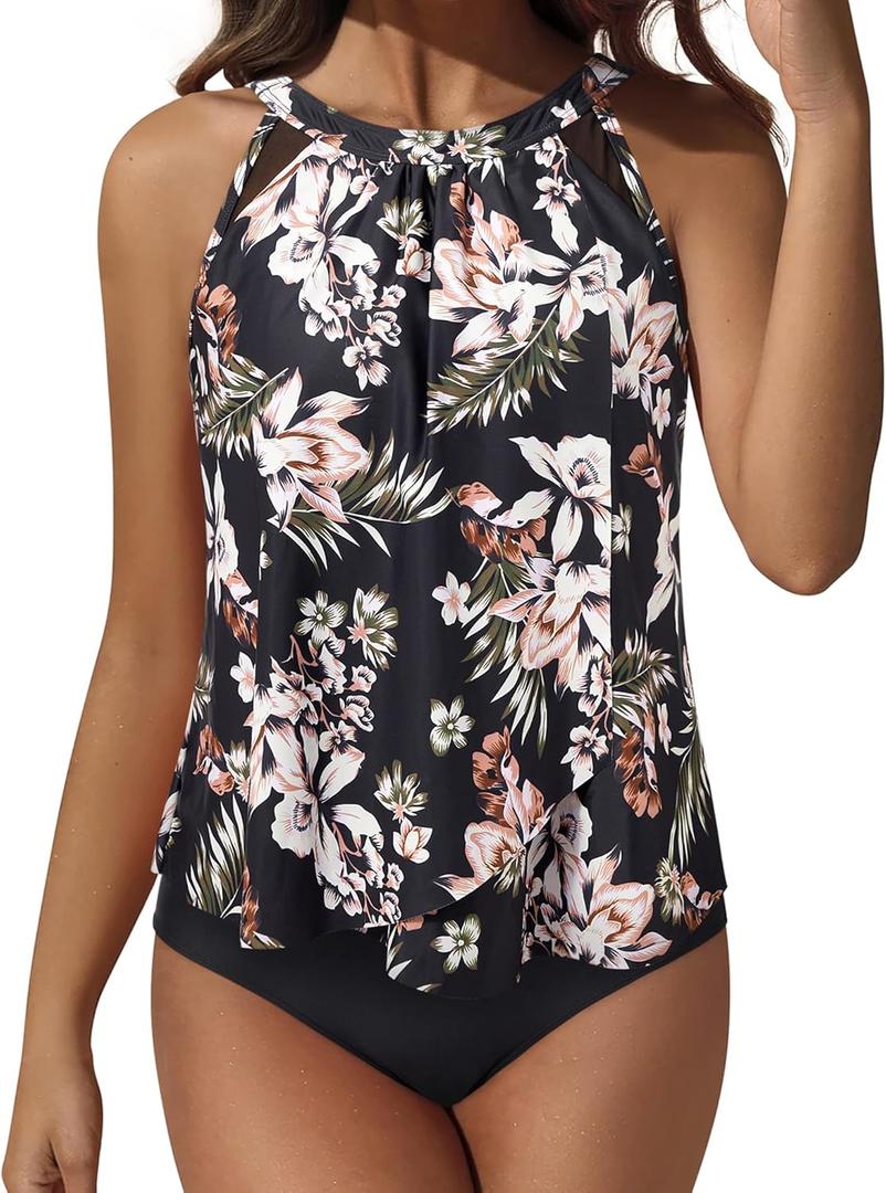 SUUKSESS Women Tummy Control Tankini Bathing Suit Ruffle High Waisted Swimsuit (XX-Large, 60 Black Floral)