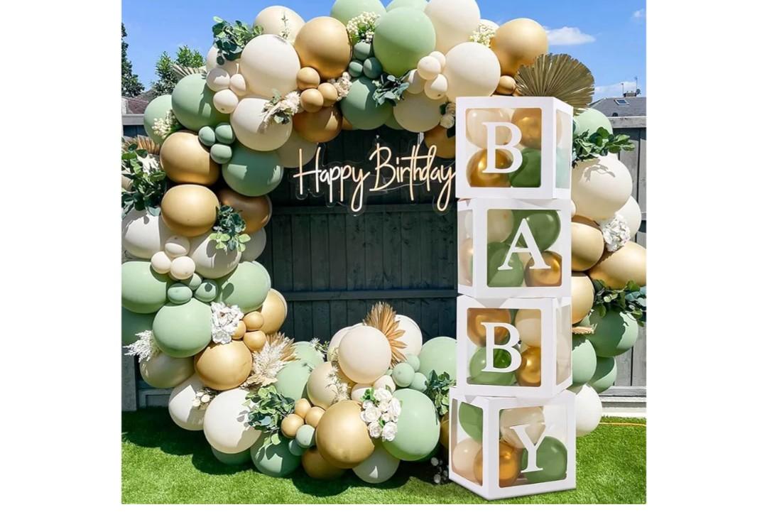 Sage Green Baby Shower Decorations Boy Girl - 4Pcs Baby Boxes with lettes and 112Pcs Green White Gold Balloons Arch Kit for Baby Shower Decorations, Dinosaur Jungle Safari Baptism Party Supplies