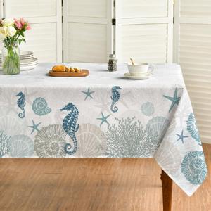 Horaldaily Summer Tablecloth 60104 Inch Rectangular, Sealife Hippocampus Starfish Seaweed Conch Blue Washable Seasonal Table Cover for Party Picnic Dinner Decor