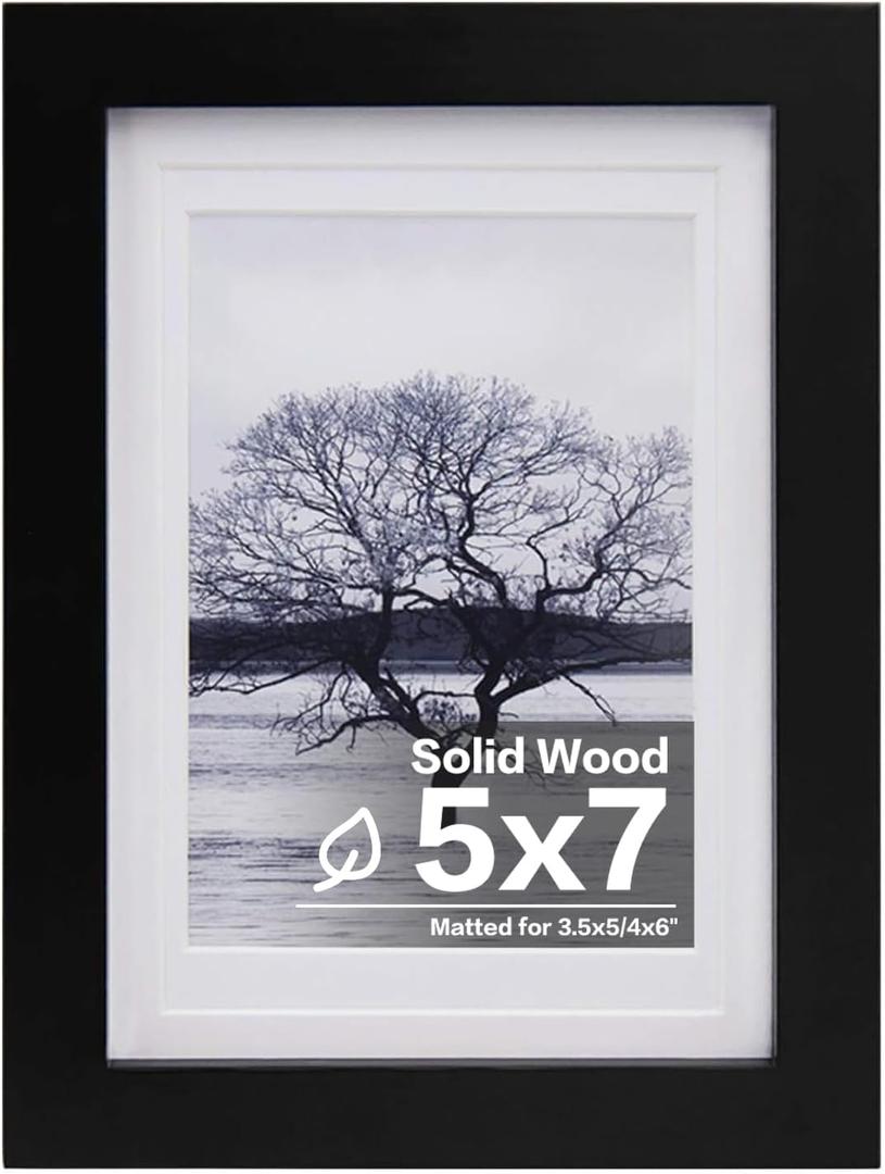 Egofine 5x7 Picture Frame Made of Solid Wood, Display Pictures 3.5x5/4x6 with Mat or 5x7 Without Mat Covered by Plexiglass for Table Top Display and Wall Mounting Photo Frame, Black