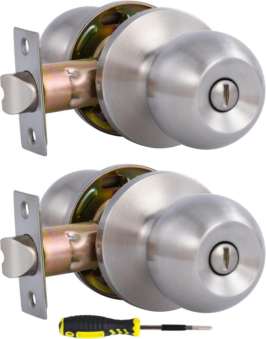 Lanwandeng Interior Door Knobs for Bedroom/Bathroom Doors, Stainless Steel Keyless Privacy Door Handles Bath/Bed Lockset, 2 Pack
