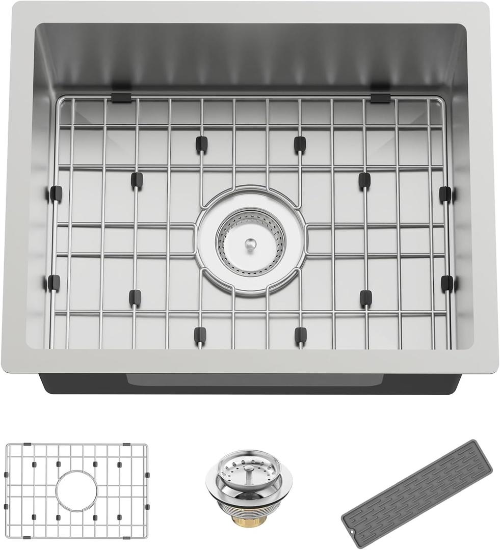 Kitchen And Bar Sink, 20x16 Inch Stainless Steel Undermount Modern Single Bowl Small Kitchen And Bar Sink Combo-SS Grid,Silicon Mat,Drain Strainer Set Compatibility With Various Kitchen&Bar Style