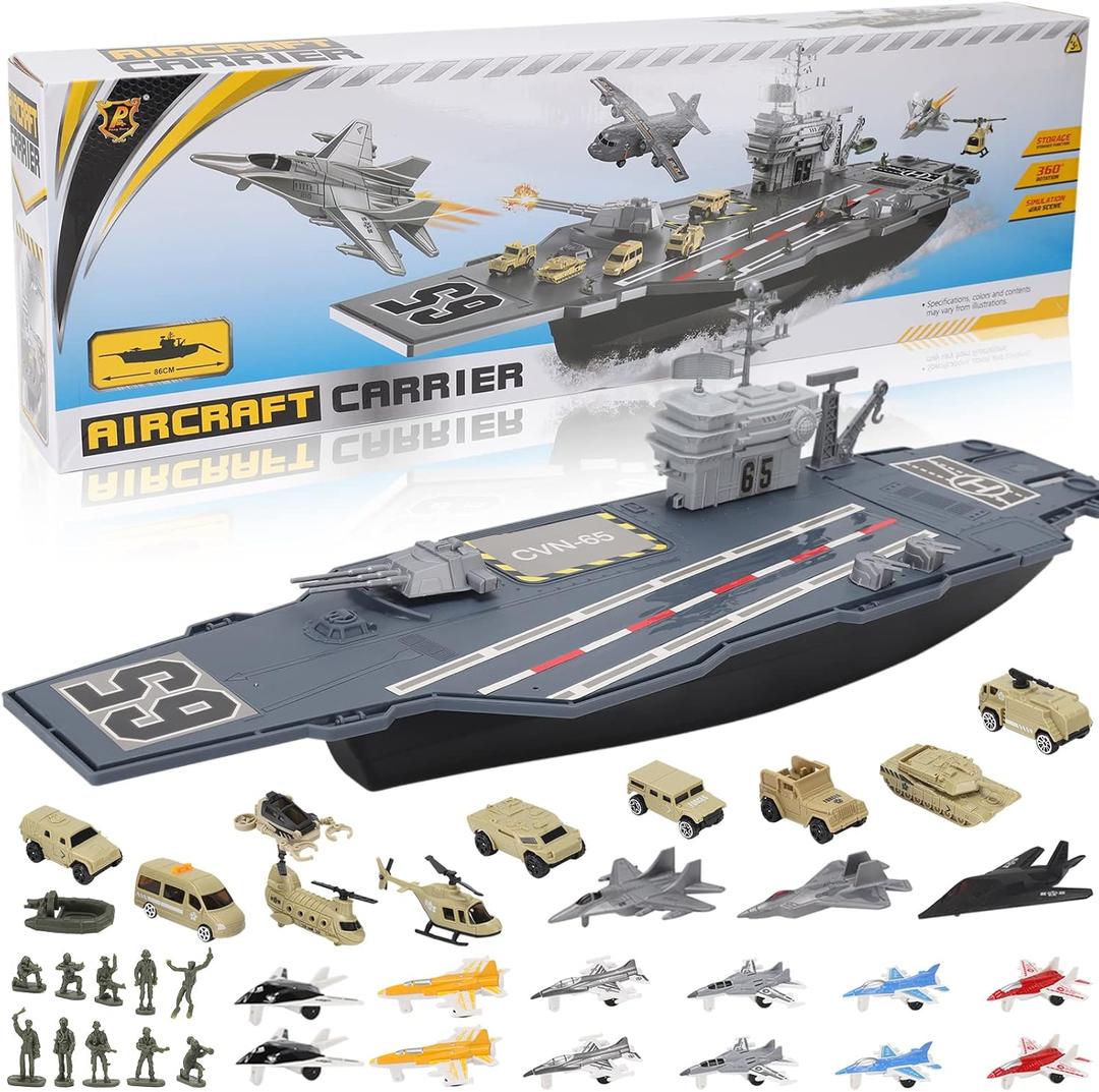 33-Inch Aircraft Carrier Mega Playset - Ultimate Military Battle Set for Boys with Realistic Battleship, Fighter Jets, Toy Soldier Figures, Military Vehicles for Kids Imaginary Pretend Play, Large