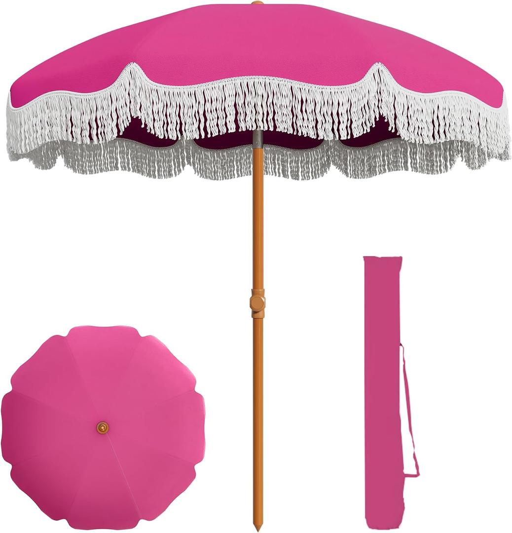 AreShark 7ft Patio Umbrella with Fringe, UPF50+ Beach Umbrella for Table, Pool & Garden, Portable Outdoor Tassels Umbrella w/Fiberglass Ribs& Push Bottom Tilt(Light Pink)