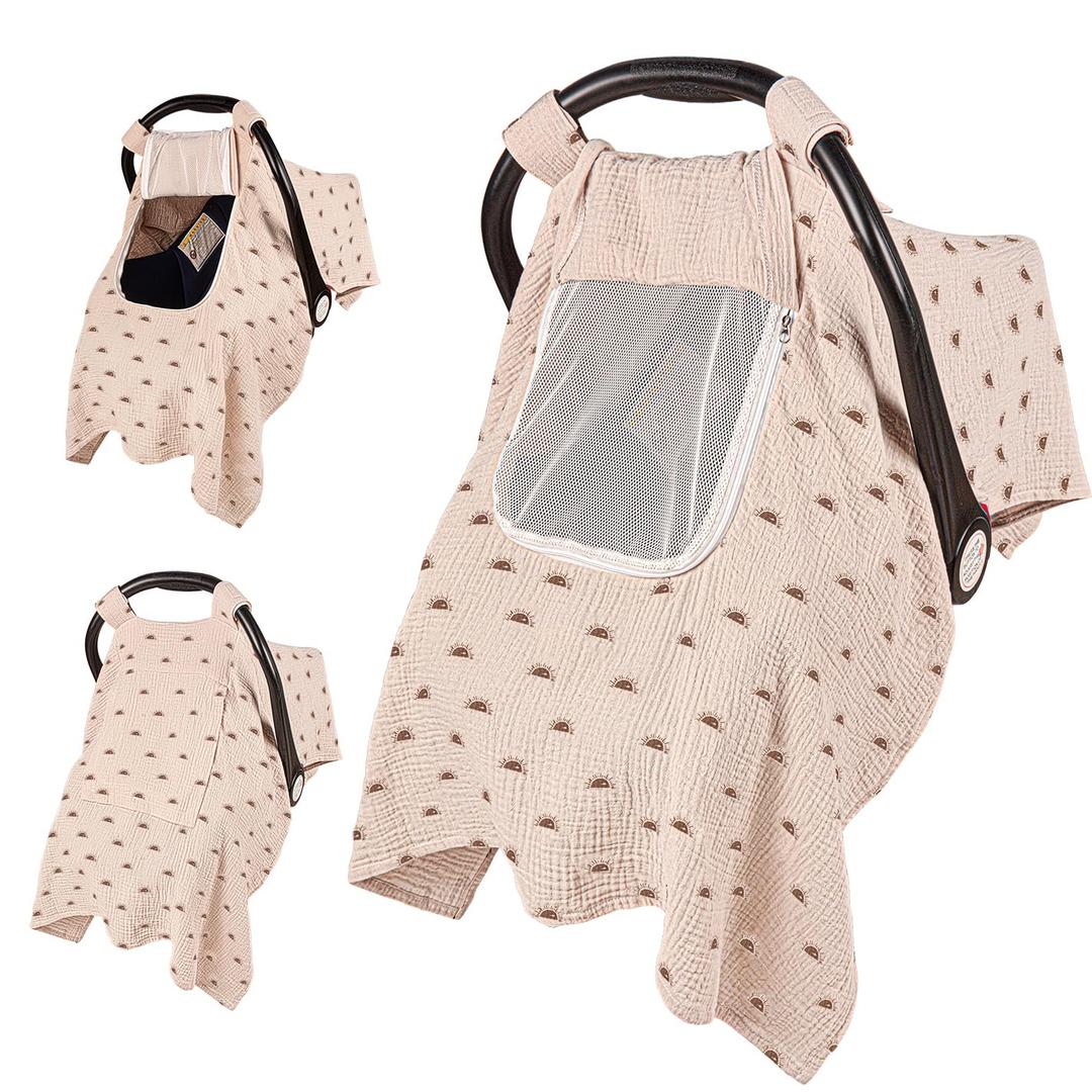 PRIMLECT Car Seat Cover Baby, 100% Muslin Baby Car Seat Cover, 3 in 1 Carseat Cover, Carseat Cover for Baby Easy to Get in & Out (Sun)