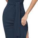 Missufe Women's Round Neck Sleeveless Tie Waist Knit Side Slit Slim Tank Midi Dress (Blue)