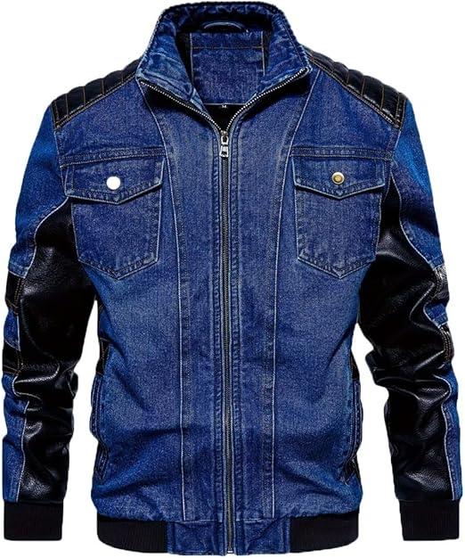 INVACHI Men's Denim Jacket Vintage Jean Trucker Jacket with Leather Patchwork Multiple Pockets L