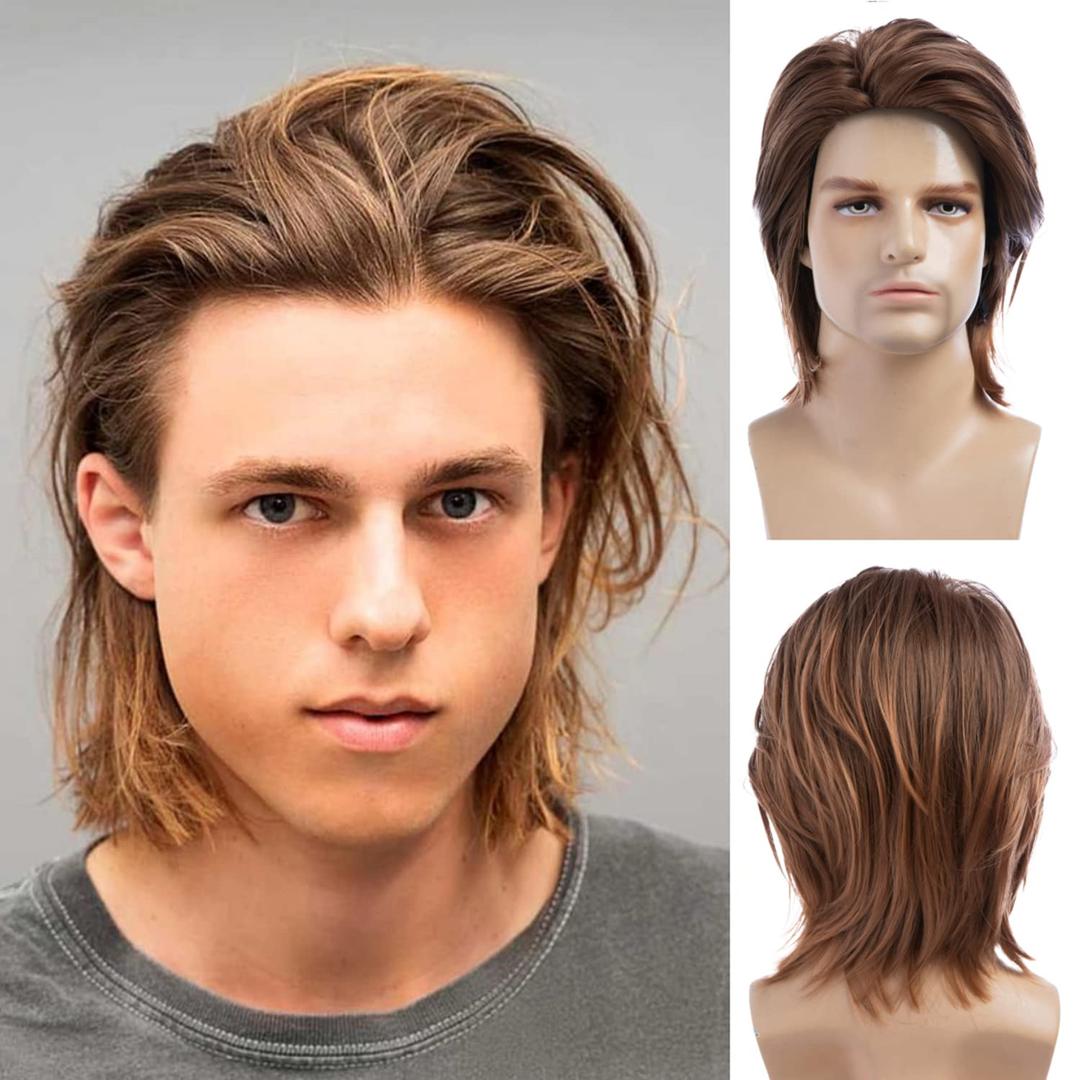 Mens Brown Wig Short Fluffy Natural Hair Synthetic Halloween Cosplay Costume Party Full Wigs