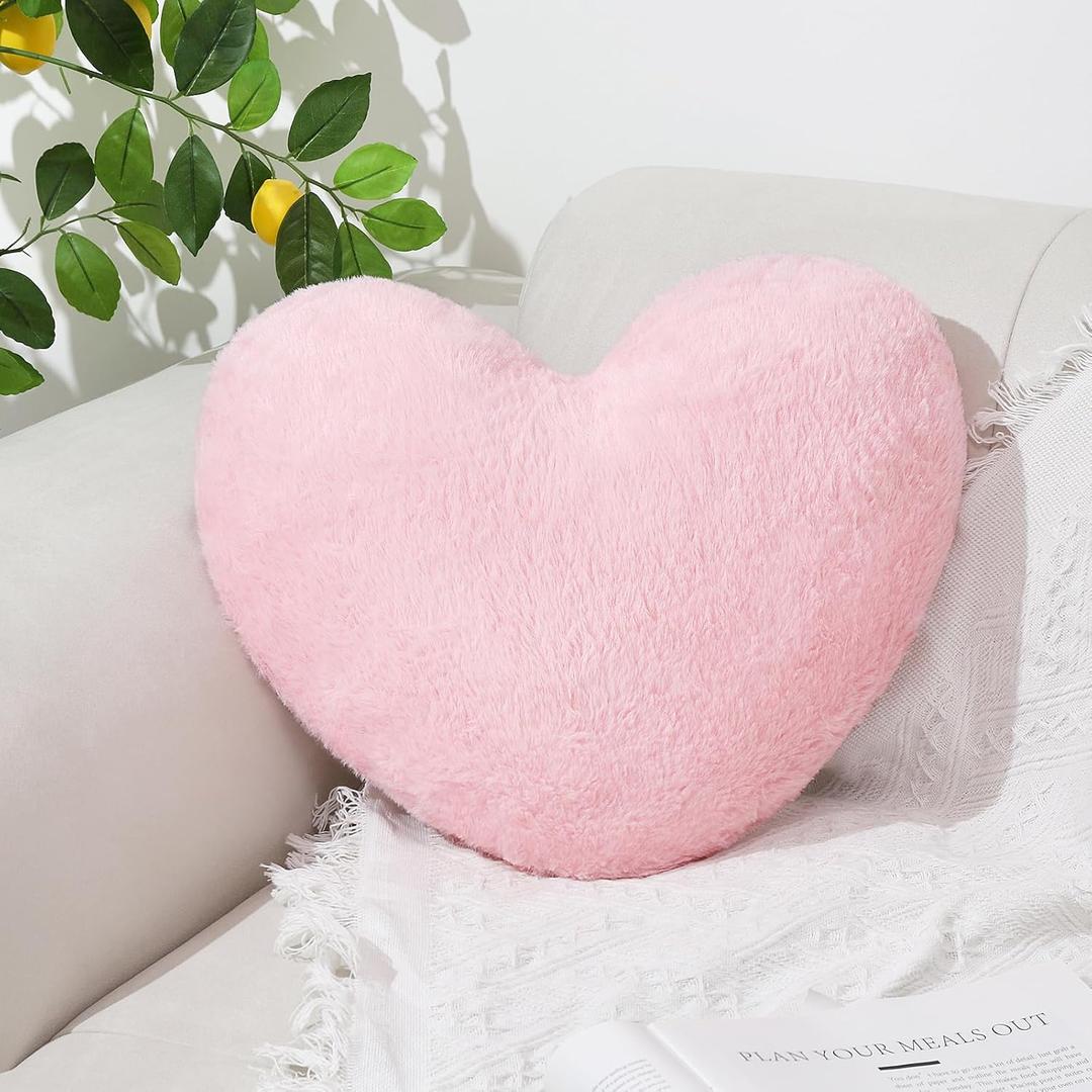 Pink Heart Pillow,Soft Heart Shaped Pillow with Faux Rabbit Fur for Bed Sofa Couch Home Decor,Cute Heart Shaped Throw Pillows for Girls Women Valentine (mini - 12.9" x 9.8")