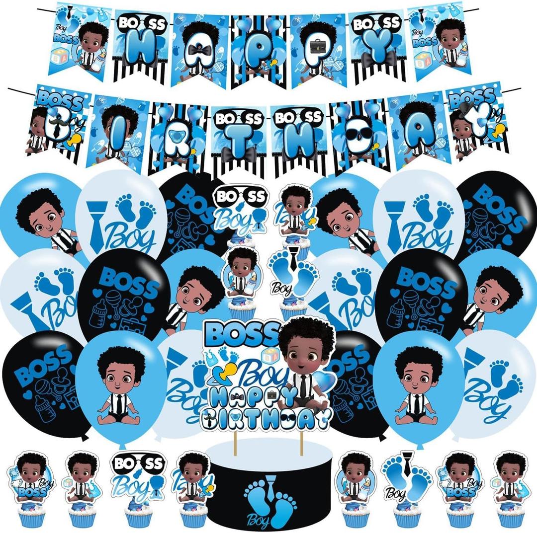 Boss Boys Theme Birthday Banner, Cake Topper, Latex Balloons, Cupcake Toppers for Boy's Birthday Party Supplies