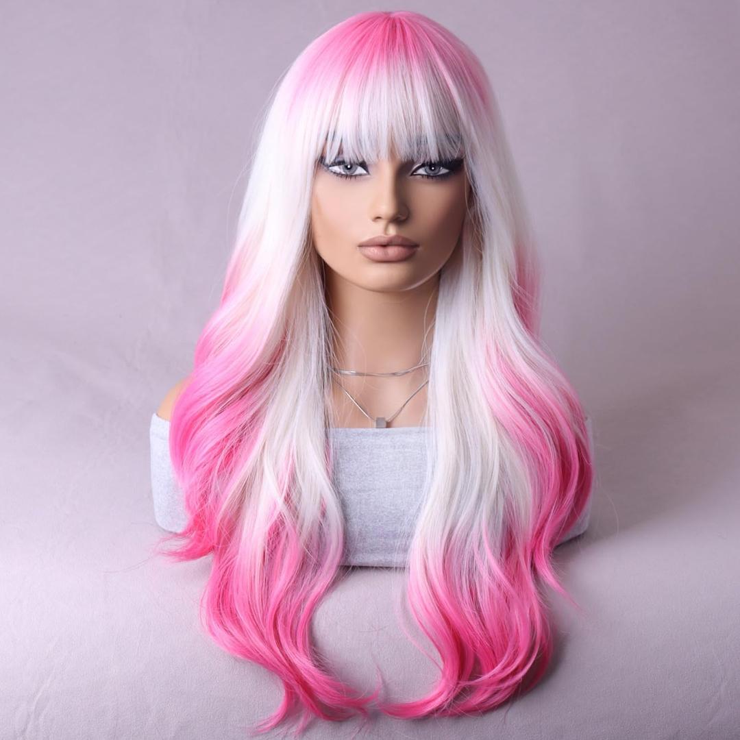 BERON Pink and White Long Wigs Curly Wavy Women's Wigs with Bangs Pink White Ombre Colorful Heat Resistant Synthetic Wigs for Cosplay or Daily Wigs Wig Cap Included