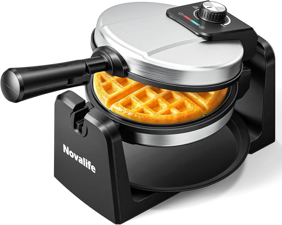 Waffle Maker, Rotating Belgian Waffle Maker, 180 Flip Waffle Iron, Non-Stick Plate, Adjustable Browning Control, Foldable Cool Touch Handle, Removable Drip Tray, Space Saving Storage, Stainless Steel (Black)