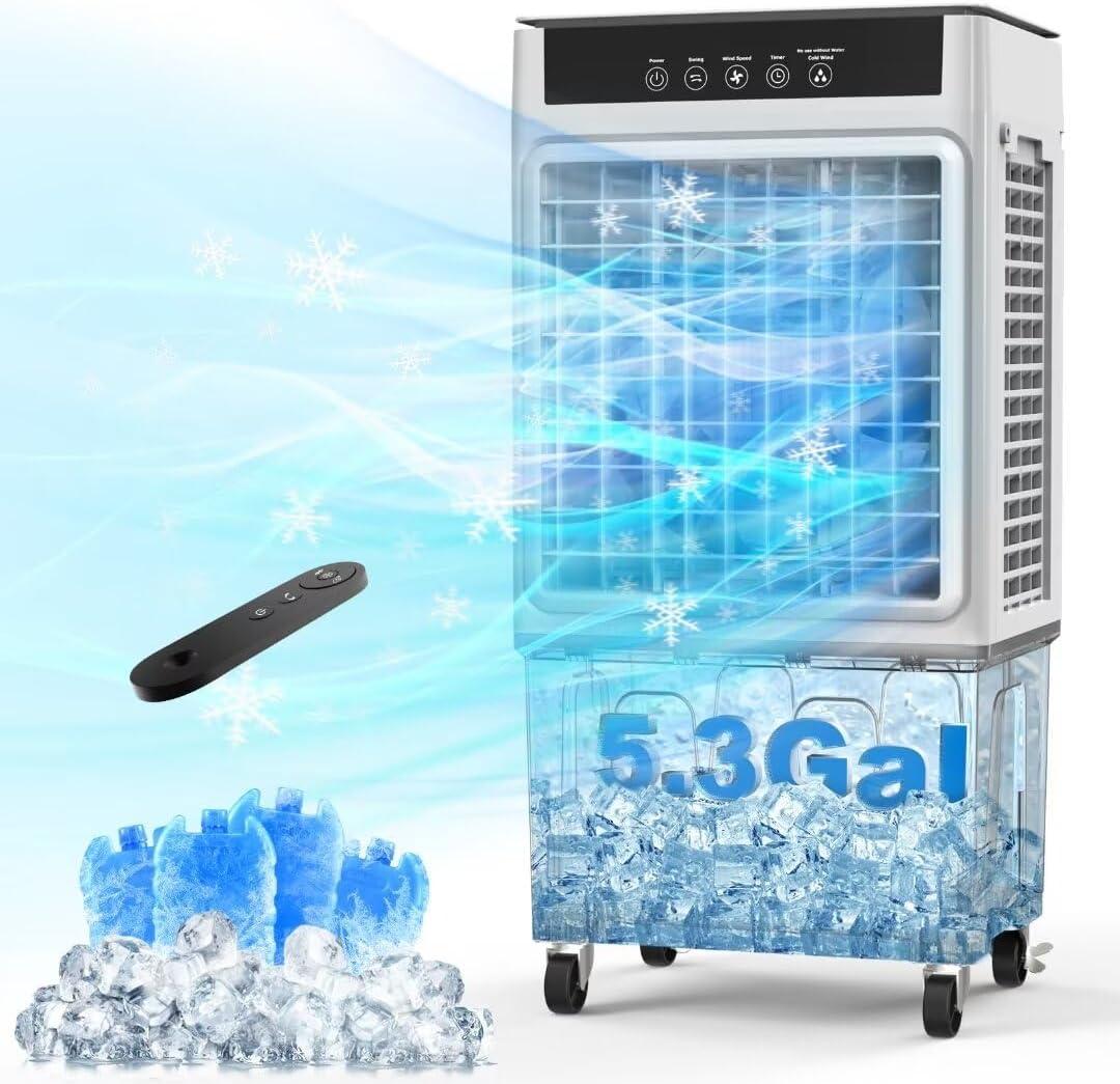 2200CFM Portable Air Conditioners w/Remote, 3-IN-1 Evaporative Swamp Air Cooler w/Remote, 24H Timer, 5.3 Gal Water Tank & 4 Ice Packs, 50Oscillation, 3 Speeds For Outdoors/Indoors, Home Office