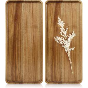 2 pcs 15.7" x 7" Large Solid Acacia Wood Serving Trays Rectangular Wooden Serving Platters Natural Wooden Boards for Bar Coffee Party
