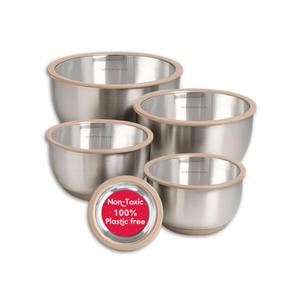 Ziruma Non-Toxic Mixing Bowls with Lids Set, Stainless Steel & Glass, 5 Pcs Plastic Free Bowls with Silicone Non-Slip Base, Dishwasher Safe Mixing Bowl Set