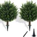 Chillchard 21" Artificial Cypress Topiary Outdoor Plants with Spike, 2 Pack Faux Cedar Bushes UV Resistant Fake Shrubs for Front Porch Dcor