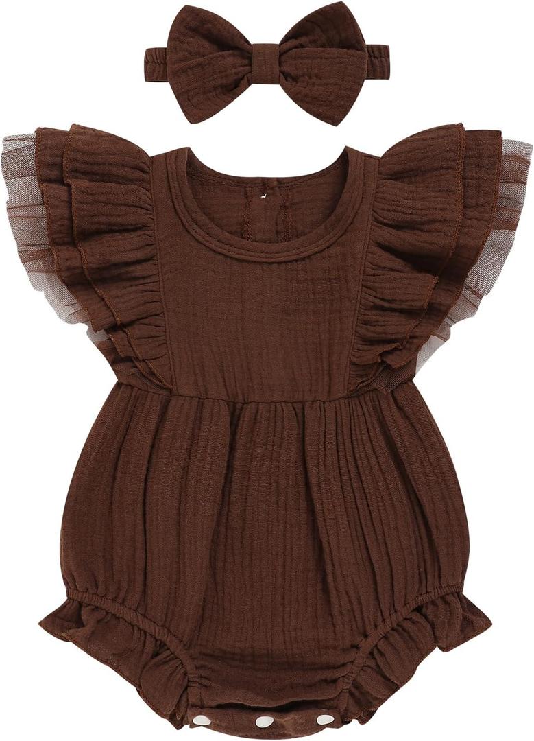 TITKKOP Ruffle Bubble Romper for Baby Girl | One-Piece Shorts Jumpsuit | Summer Outfit & Dress for Infants(dark brown,6-9M)
