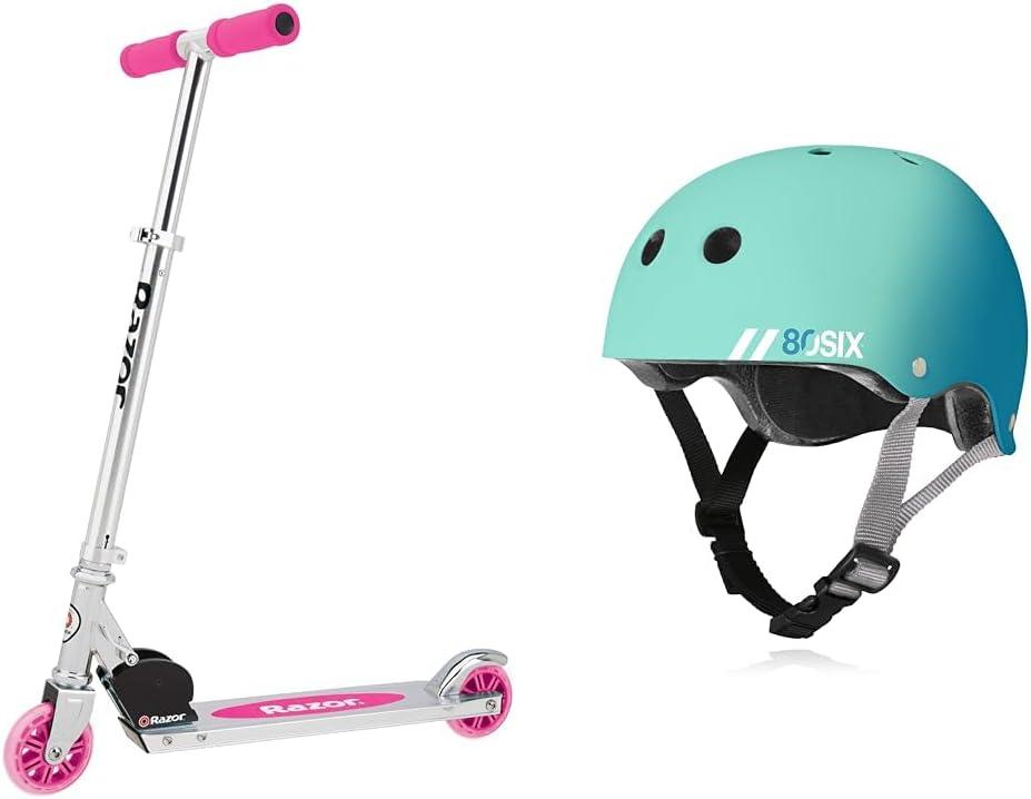 Razor A Kick Scooter for Kids and 80Six Dual Certified Kids Bike, Skate, Scooter Helmet, Surf Green Teal Fade, Small/Medium Bundle