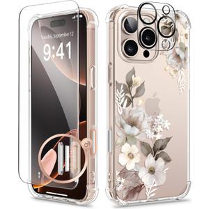 GVIEWIN for iPhone 16 Pro Case Floral, with Screen Protector&Camera Lens Protector, [Non Yellowing] Slim Shockproof Clear Phone Protective Cover for Women, Flower Pattern Design 6.3"(Delphinium/Grey)