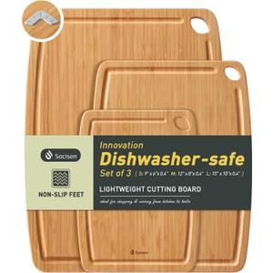 Lightweight Durable Bamboo Cutting Board Set with NonSlip Feet, Wood Cutting Board for Busy Kitchen, Easy Clean Wooden Chopping Boards with Juice Groove Best House Warming Gift Set of 3 (S+M+L)