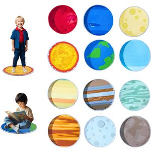 Non-Slip 12Pcs 16'' Solar System Carpet Circle Seats for Classroom|Kids Round Floor Mats|Circle Time Learning Playing Area Carpet Squares Seating|Elementary School Preschool Day Care|
