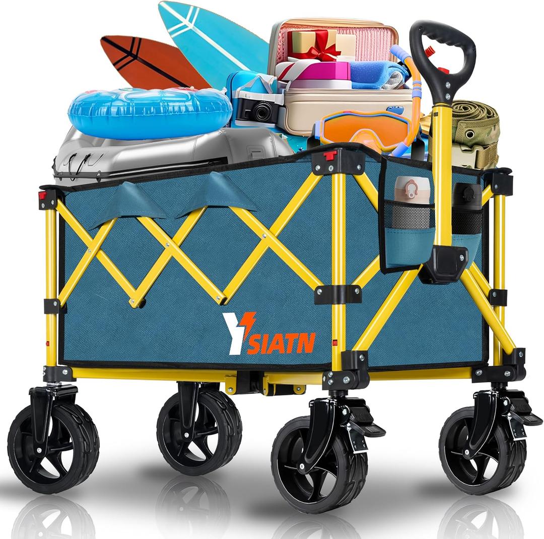 Collapsible Wagon Cart with Wheels Foldable, Folding Wagons Carts with All Terrain Wheels, Large Grocery Cart On Wheels, Heavy Duty Utility Wagon for Shopping Beach Sports Fishing Camping, 110L, Green