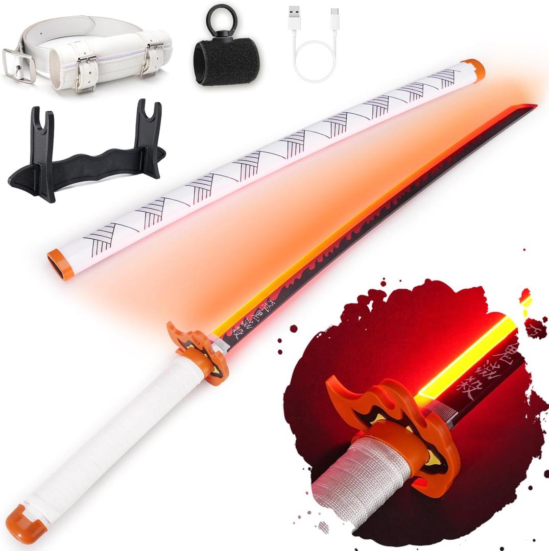RENGENG Light Up Sword, 40 Inches Rechargeable Plastic Replica with Belt & Stand, Sword with Original Texture (Rengoku)