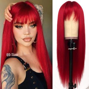 QD-Tizer Red Color Long Silky Straight Wigs with Bangs Synthetic No Lace Wig for Fashion Women Heat Resistant Natural Looking Hair Wig for Party Cosplay (A-red)