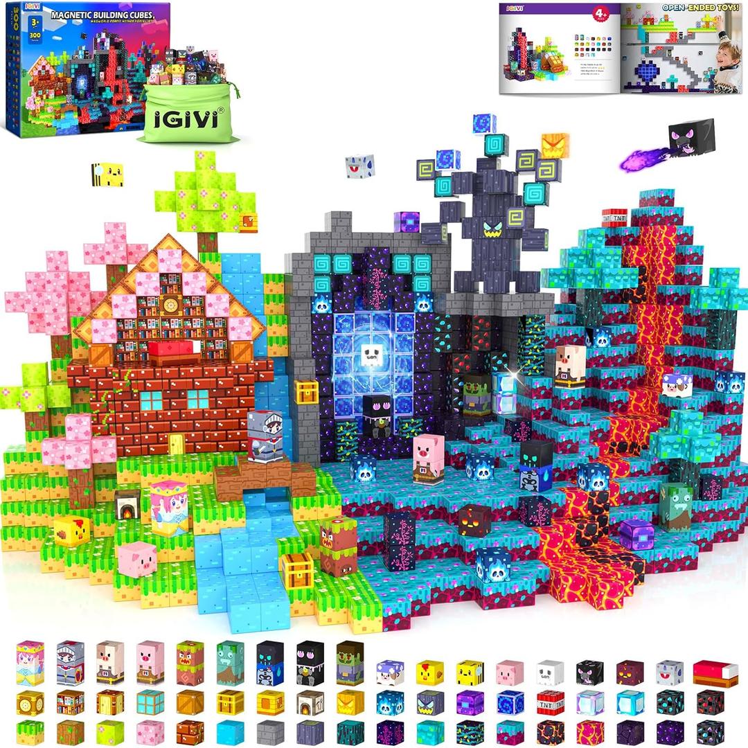 300PCS Magnetic Blocks, Build Mine Magnet World Set, Stacking Magnetic Building Cubes for Kids Ages 4-6 6-8 8-12, STEM Montessori Sensory Toys for Toddler, Christmas Birthday Gifts for Boys Girls