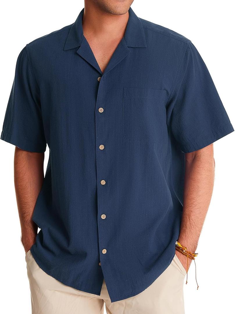 Alimens & Gentle Mens Linen Shirts Cotton Hawaiian Shirts Short Sleeve Button Down Shirts Casual Summer Beach Tops (XX-Large, Navy Blue)
