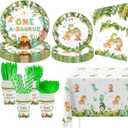 AIBIIN 193Pcs Watercolor One A Saurus Dinosaur Disposable Tableware Set Dinosaur Theme 1st Birthday Party Decorations Banner Plates, Napkins, Cup Tablecloth, for Boy Birthday Decorations Serves 24